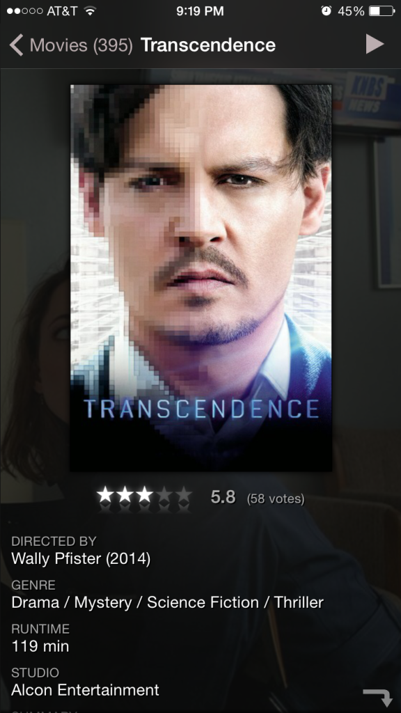 Nos da información de la película seleccionada. Podemos ver los actores, calificación y trailer de la misma. Además nos permite reproducir la película desde esta misma pantalla.